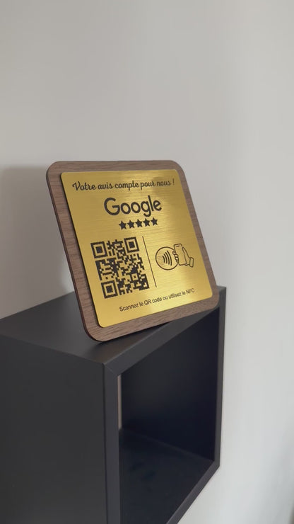 Plaque Avis Google Personnalisée | QR Code & NFC | Plaque Restaurant, Salon, Commerce | Bois Noyer