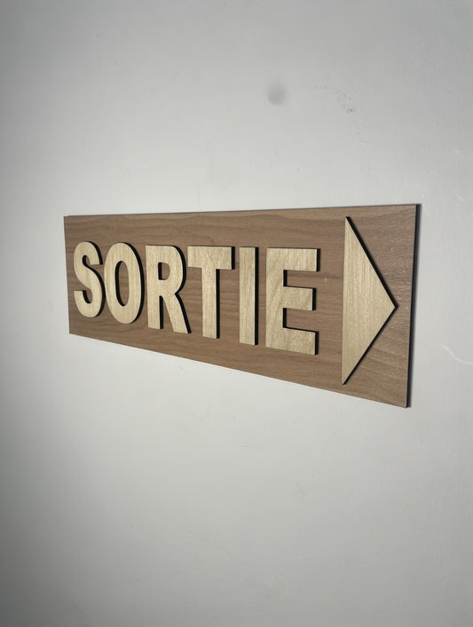 Panneau Sortie avec flèche - Signalétique sécurité sortie de secours en bois Pictogramme