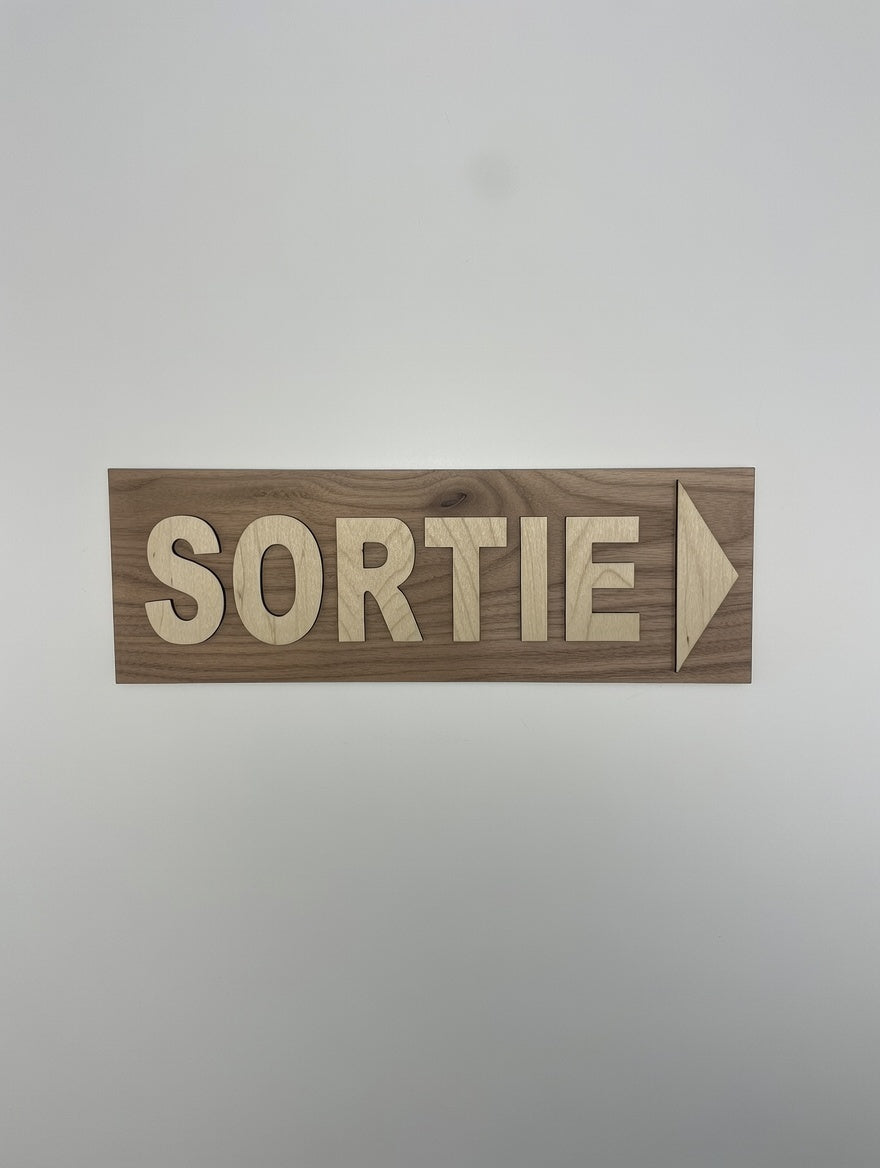 Panneau Sortie avec flèche - Signalétique sécurité sortie de secours en bois Pictogramme