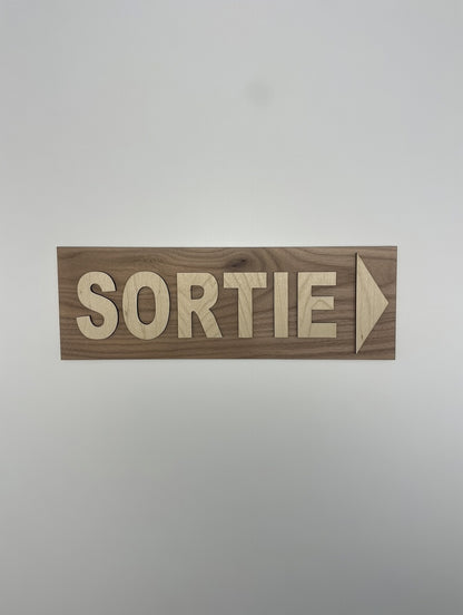 Panneau Sortie avec flèche - Signalétique sécurité sortie de secours en bois Pictogramme