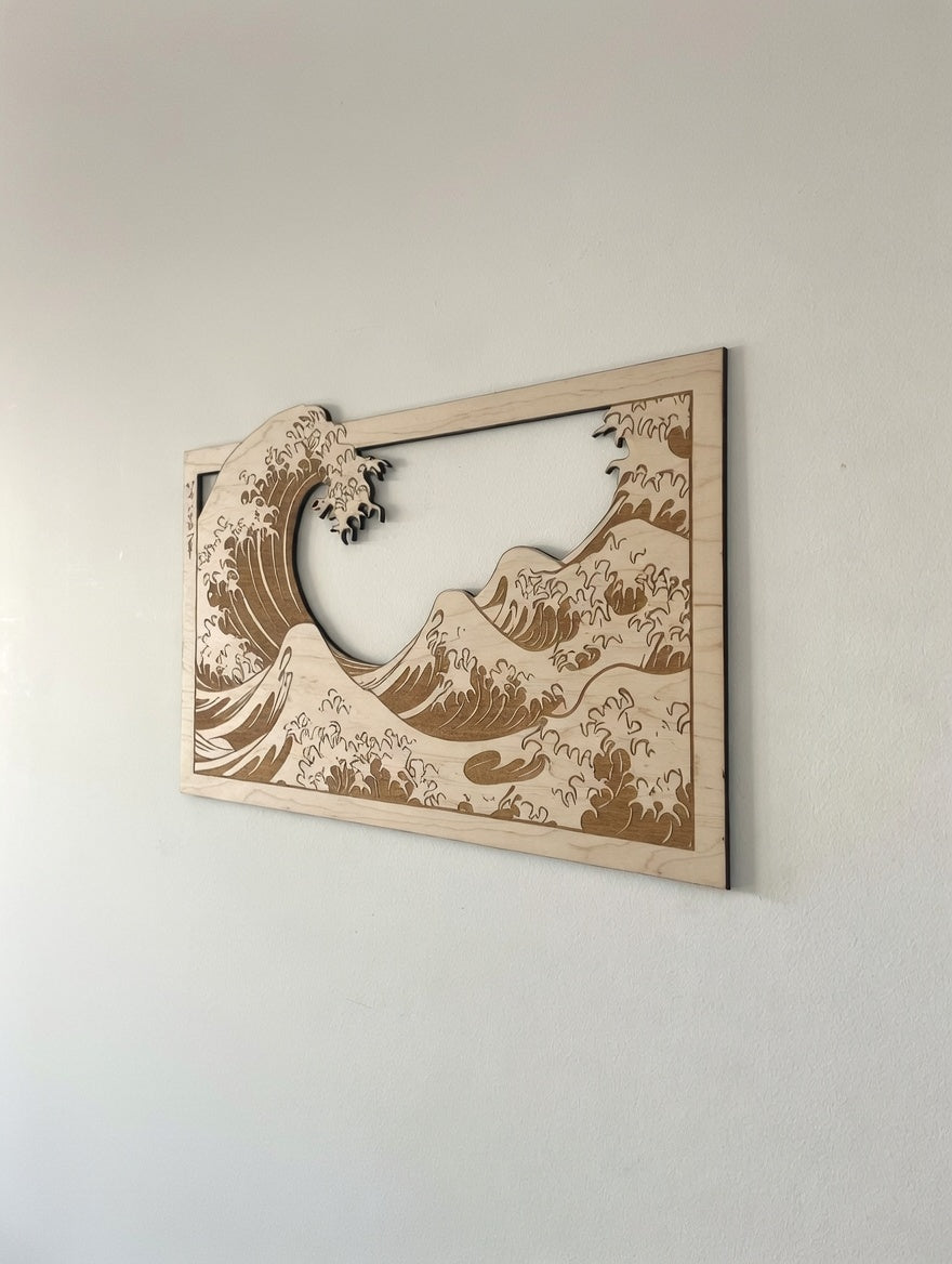 Cadre décoratif en bois : La grande vague de Kanagawa - Vague Japonaise (Gravure)