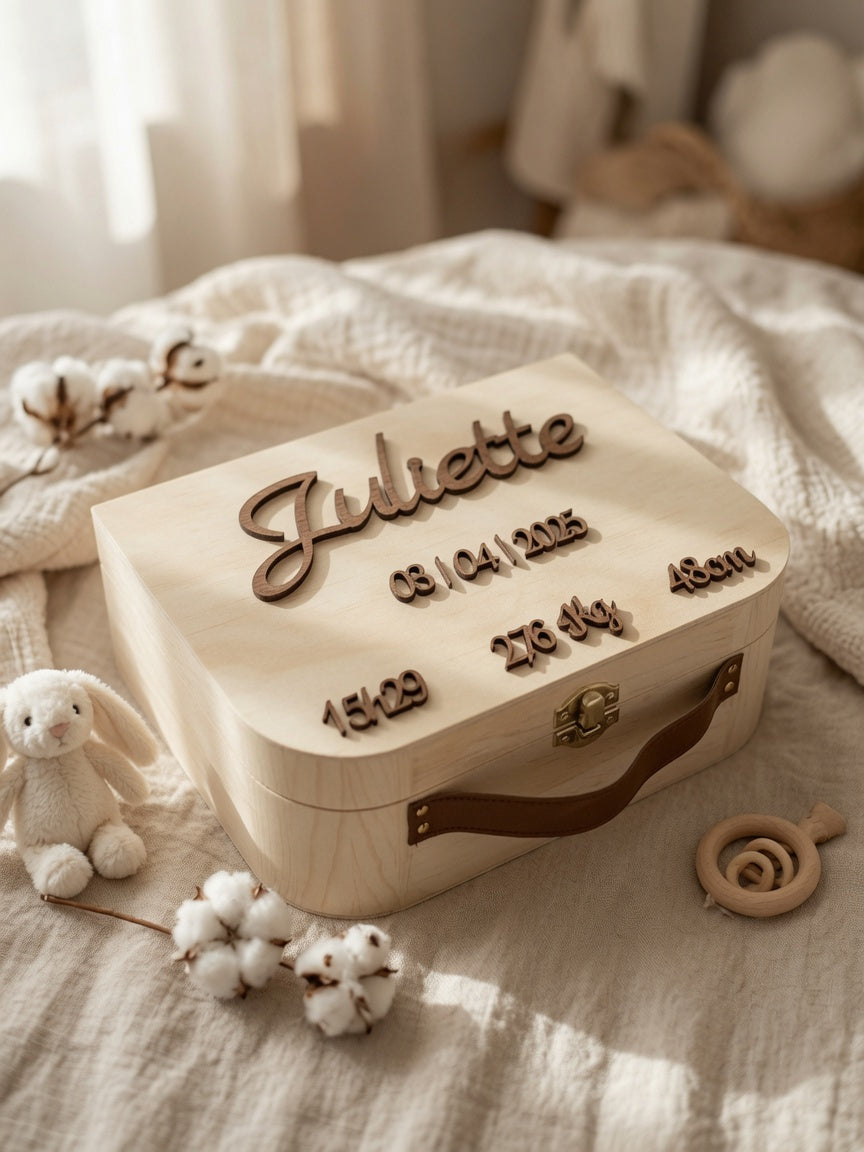 Valise en bois personnalisée relief– Boîte à souvenirs unique pour bébé, naissance et cadeau