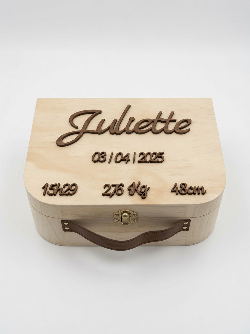 Valise en bois personnalisée relief– Boîte à souvenirs unique pour bébé, naissance et cadeau
